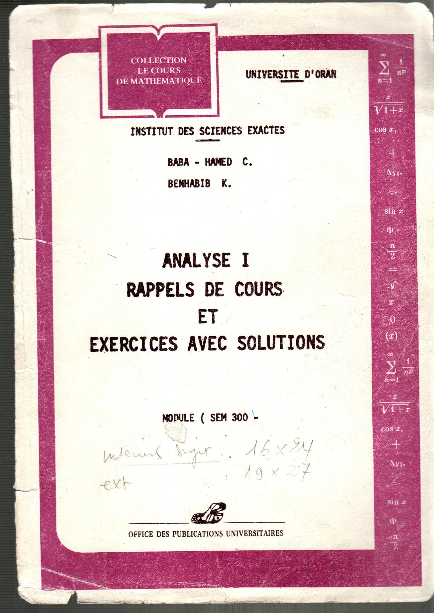 Analyse 1 : rappel de cours et exercices avec solutions